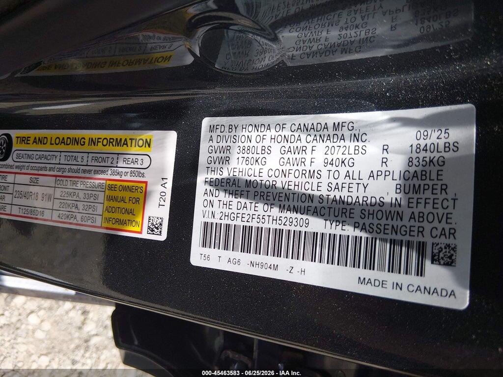 2HGFE2F55TH529309 2026 HONDA CIVIC photo no. 9