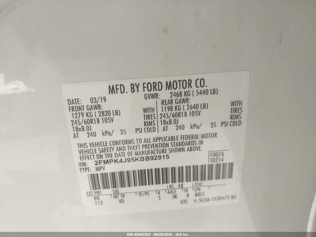2FMPK4J95KBB92915 2019 FORD EDGE photo no. 9
