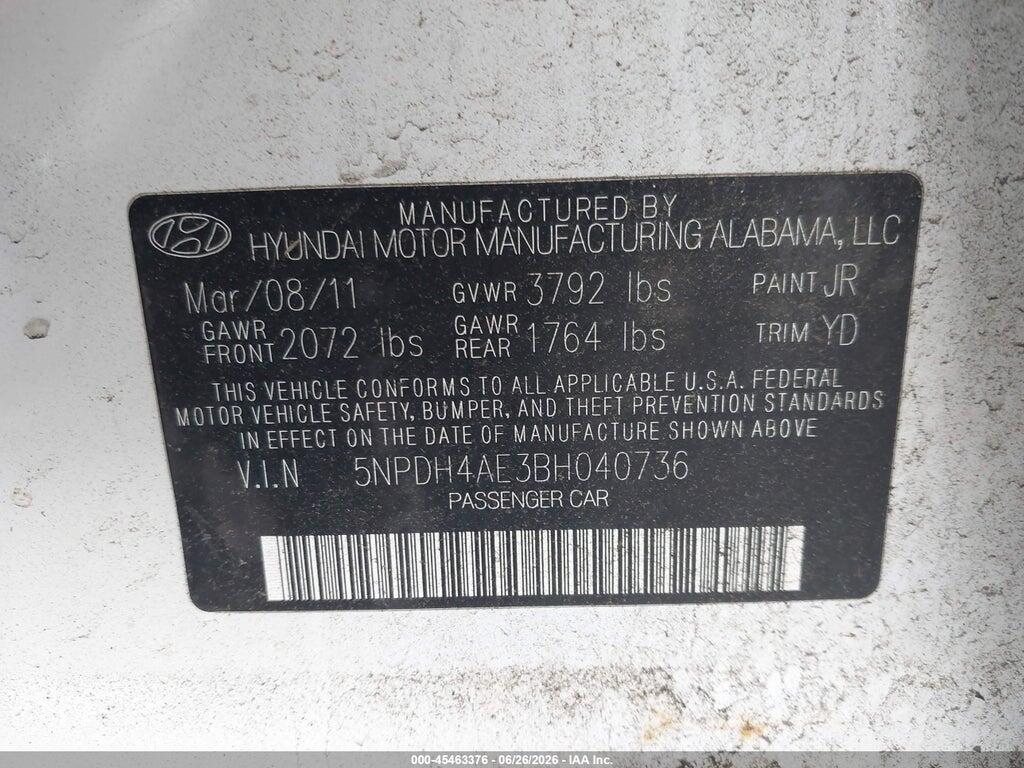 5NPDH4AE3BH040736 2011 HYUNDAI ELANTRA photo no. 9