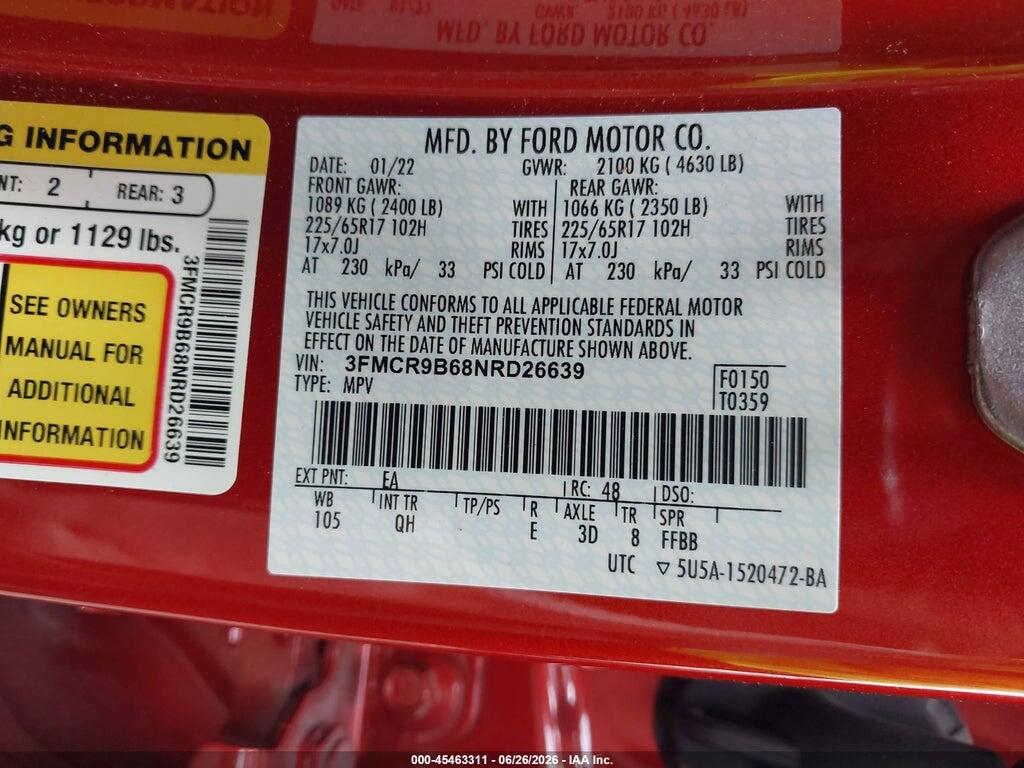 3FMCR9B68NRD26639 2022 FORD BRONCO SPORT photo no. 9
