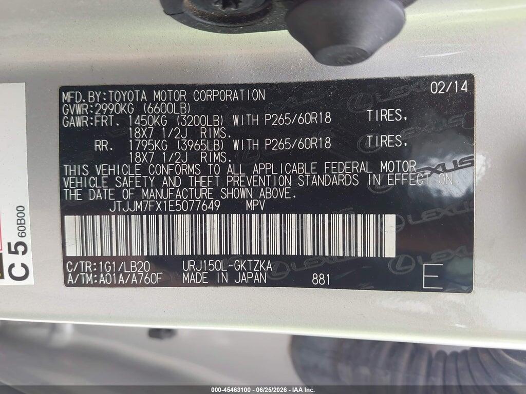 JTJJM7FX1E5077649 2014 LEXUS GX 460 photo no. 9