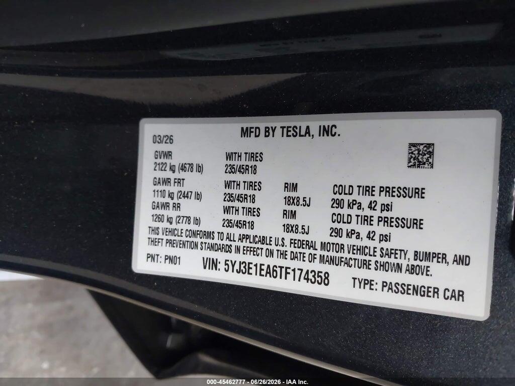 5YJ3E1EA6TF174358 2026 TESLA MODEL 3 photo no. 9