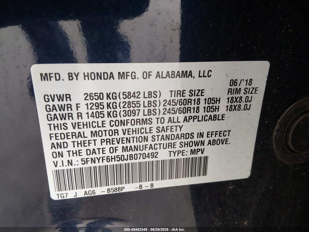 5FNYF6H50JB070492 2018 HONDA PILOT photo no. 9