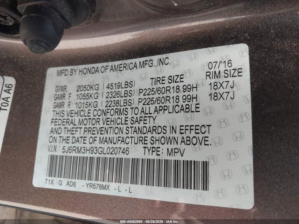 5J6RM3H93GL020746 2016 HONDA CR-V photo no. 9