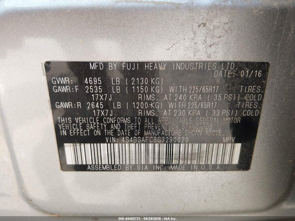 4S4BSAFC8G3290020 2016 SUBARU OUTBACK photo no. 9