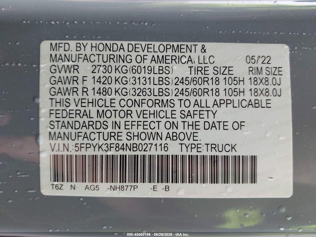 5FPYK3F84NB027116 2022 HONDA RIDGELINE photo no. 9