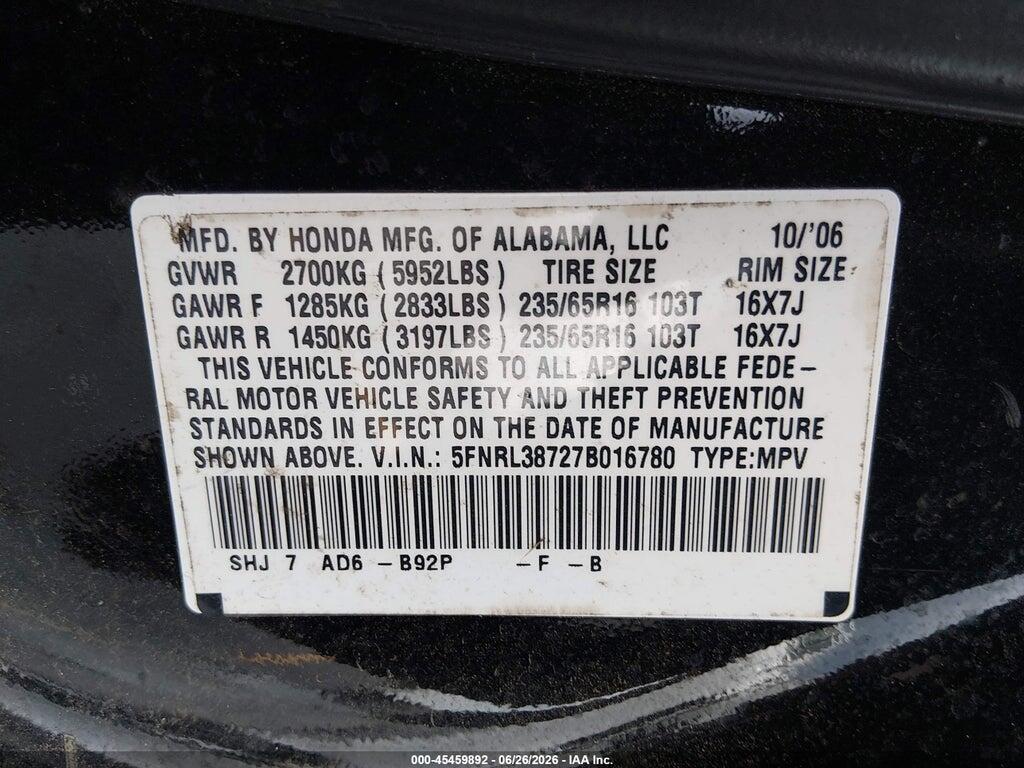 5FNRL38727B016780 2007 HONDA ODYSSEY photo no. 9