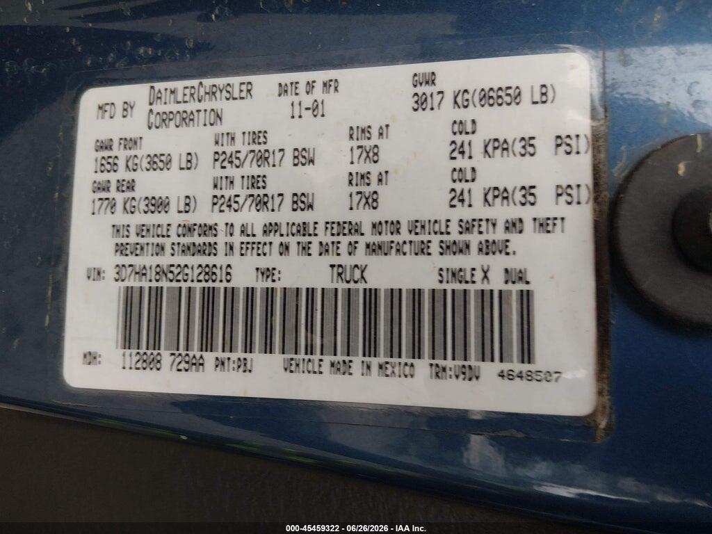 3D7HA18N52G128616 2002 DODGE RAM 1500 photo no. 9