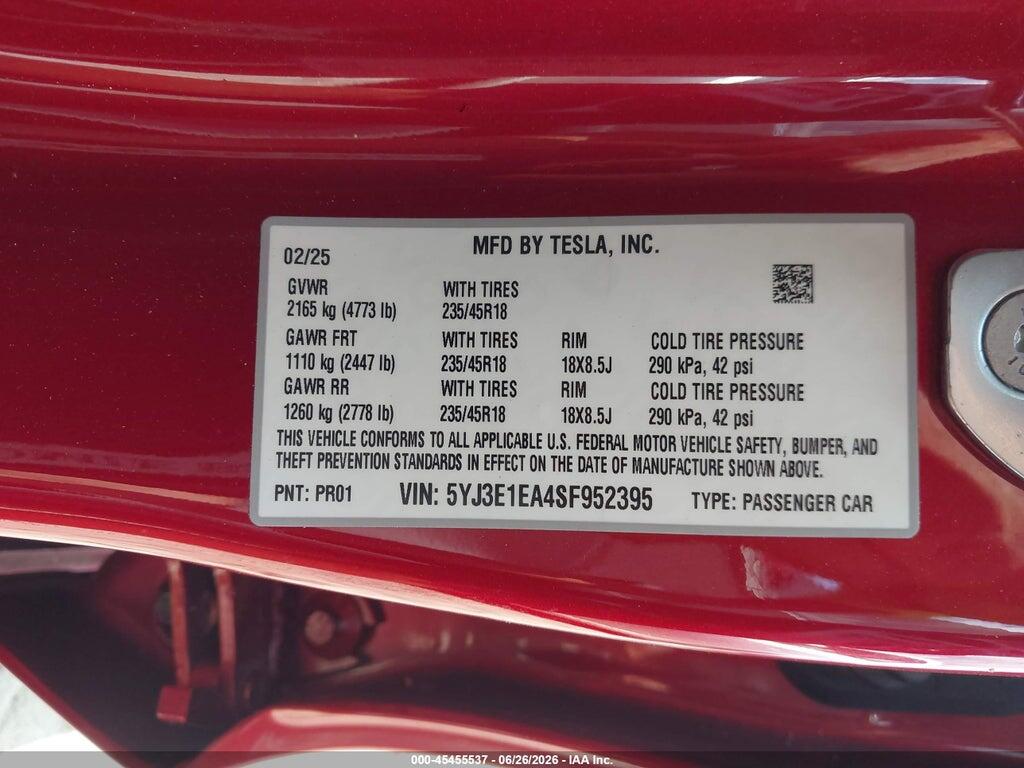 5YJ3E1EA4SF952395 2025 TESLA MODEL 3 photo no. 9