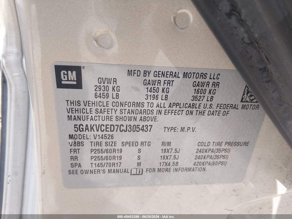 5GAKVCED7CJ305437 2012 BUICK ENCLAVE photo no. 9