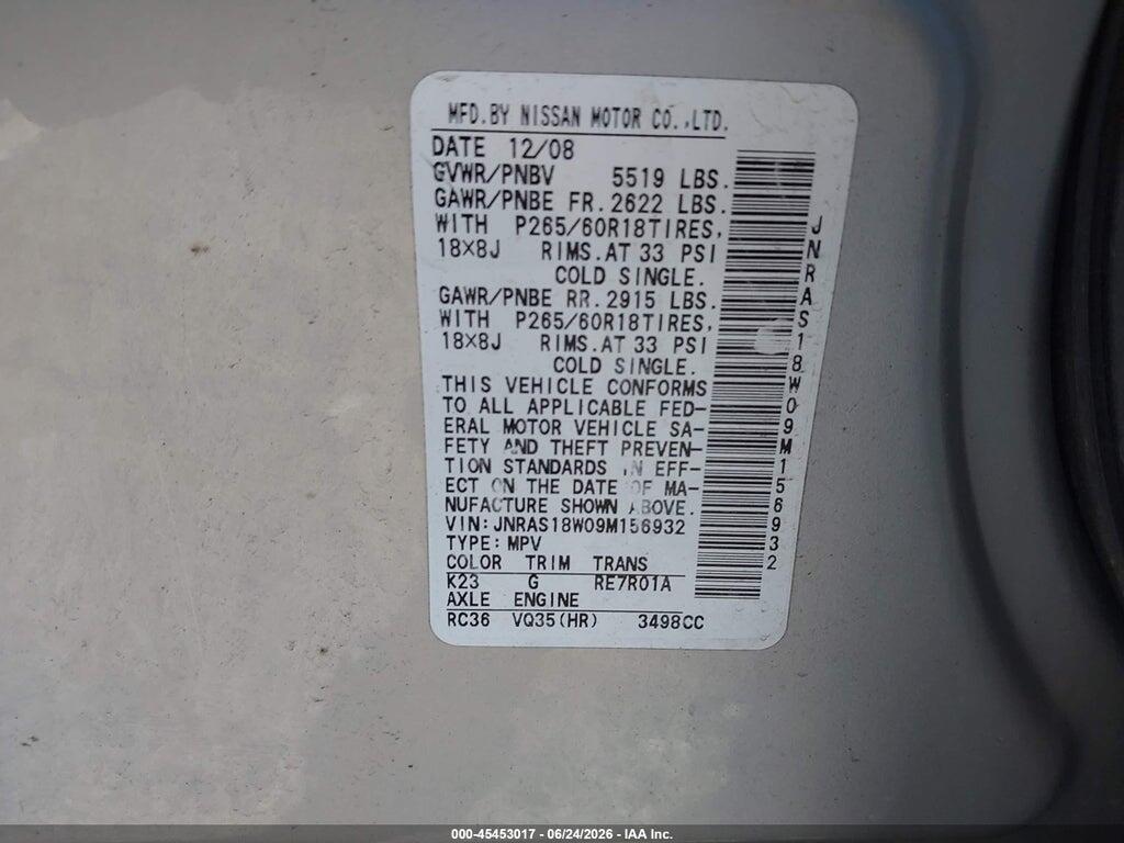 JNRAS18W09M156932 2009 INFINITI FX35 photo no. 9