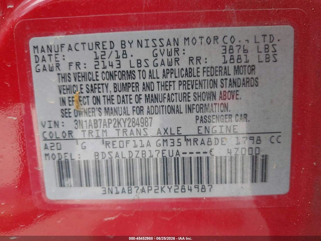 3N1AB7AP2KY284987 2019 NISSAN SENTRA photo no. 9