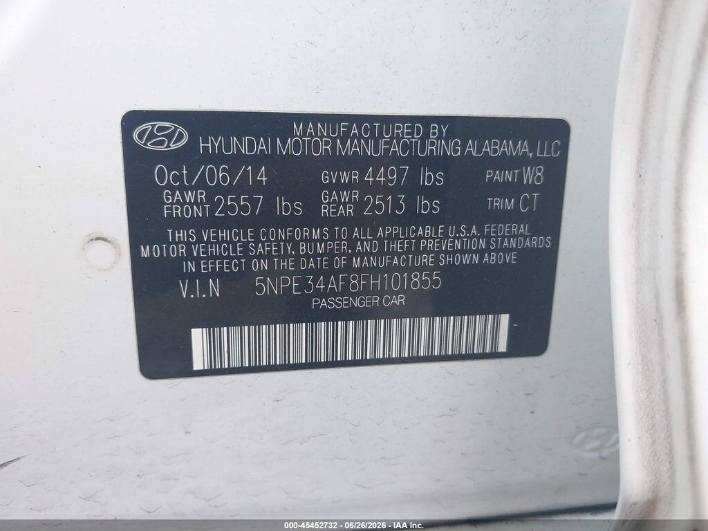 5NPE34AF8FH101855 2015 HYUNDAI SONATA photo no. 9
