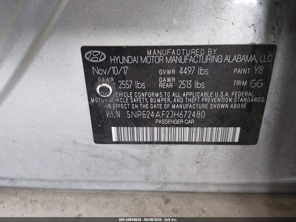 5NPE24AF2JH672480 2018 HYUNDAI SONATA photo no. 9
