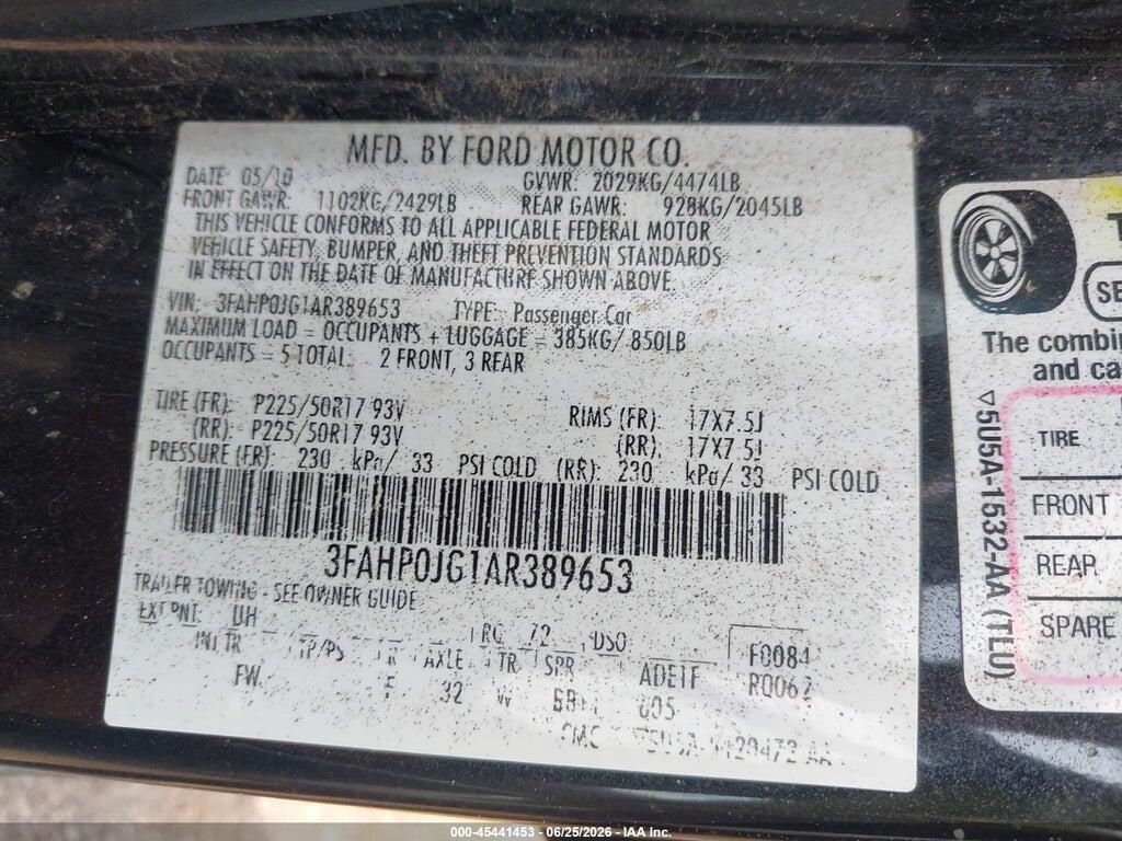 3FAHP0JG1AR389653 2010 FORD FUSION photo no. 9