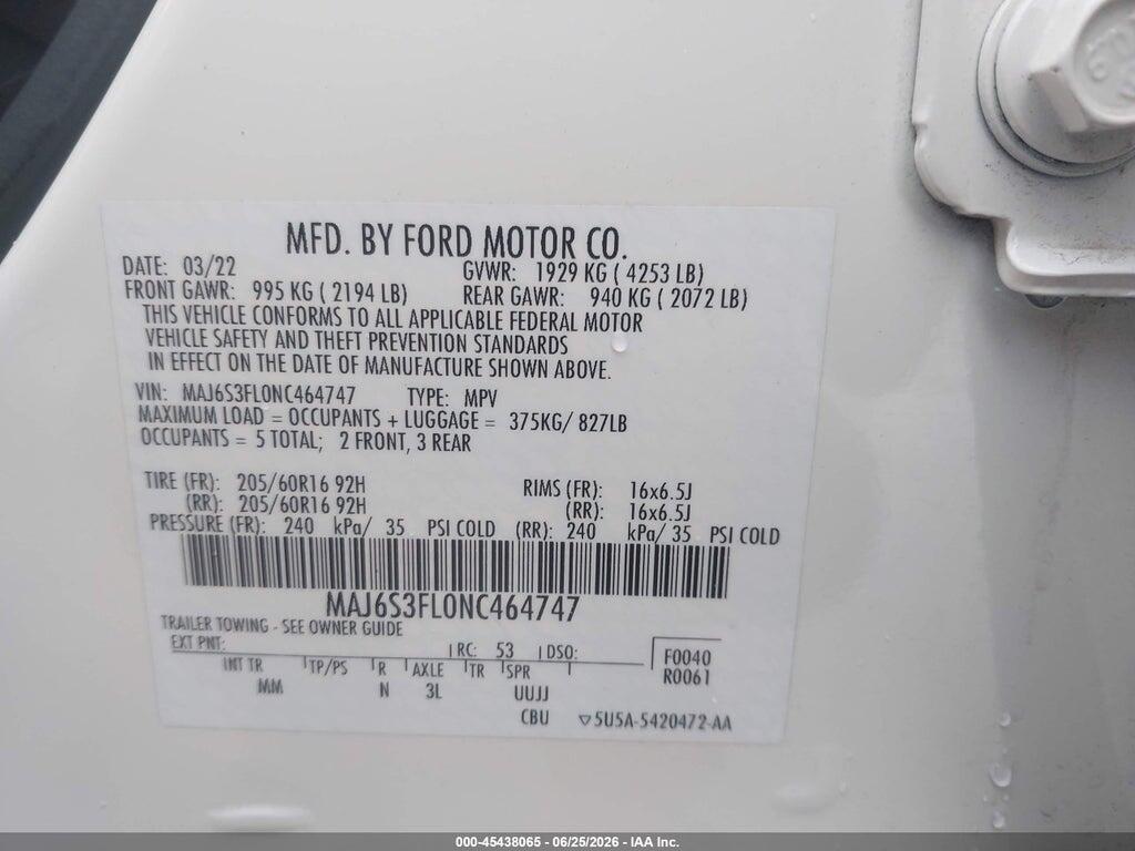 MAJ6S3FL0NC464747 2022 FORD ECOSPORT photo no. 9