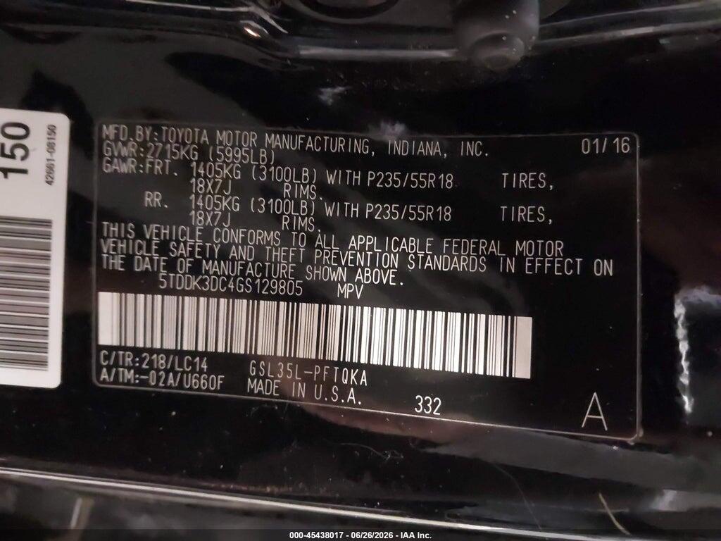 5TDDK3DC4GS129805 2016 TOYOTA SIENNA photo no. 9