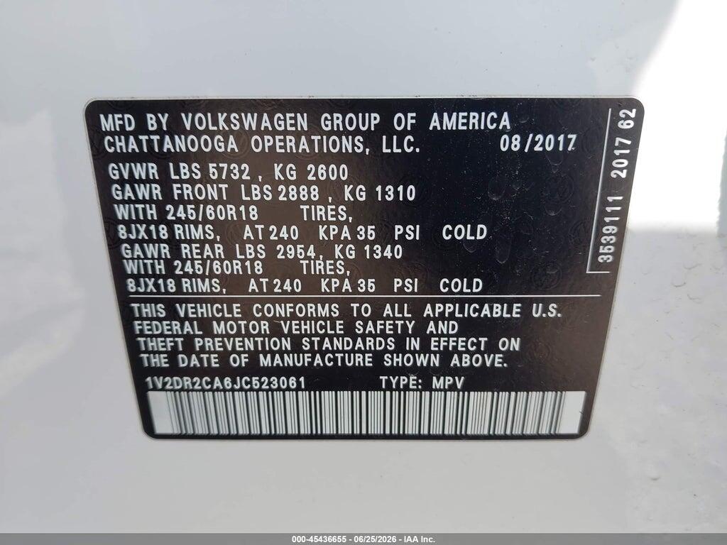 1V2DR2CA6JC523061 2018 VOLKSWAGEN ATLAS photo no. 9