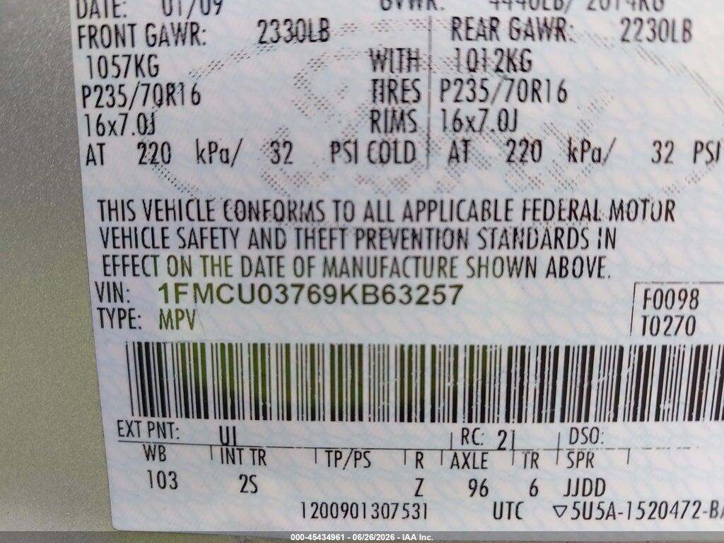 1FMCU03769KB63257 2009 FORD ESCAPE photo no. 9