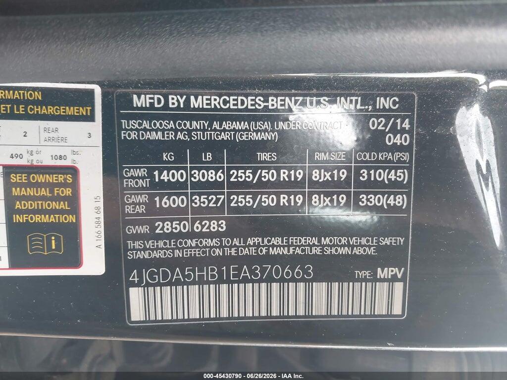 4JGDA5HB1EA370663 2014 MERCEDES-BENZ ML 350 photo no. 9