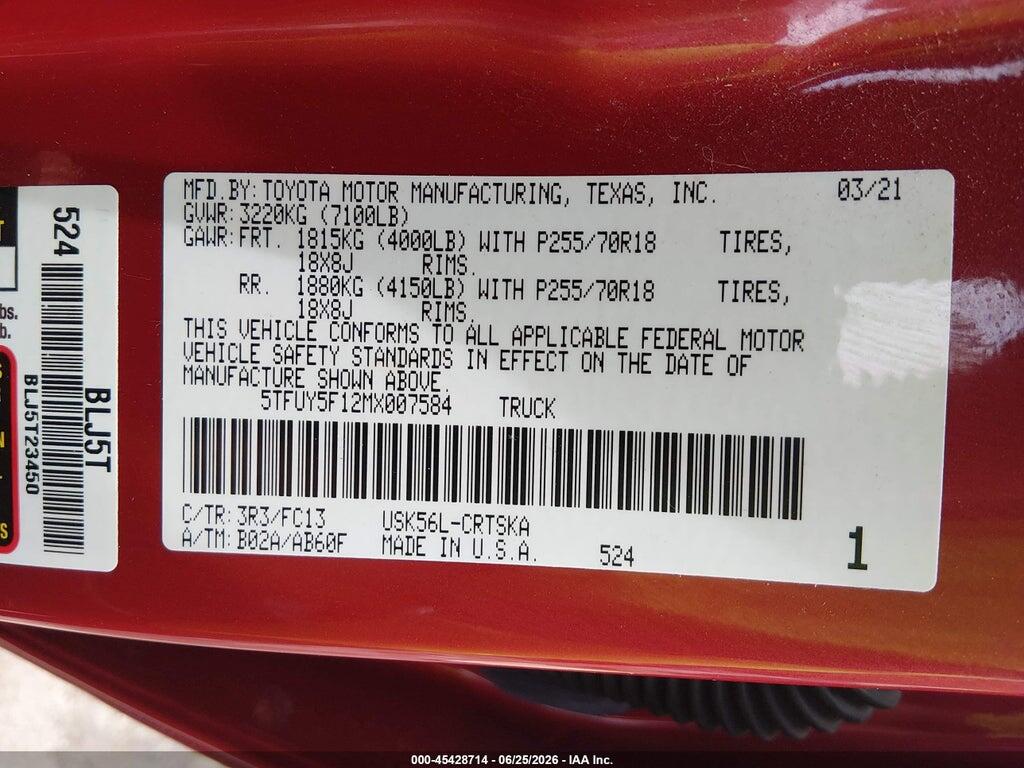 5TFUY5F12MX007584 2021 TOYOTA TUNDRA photo no. 9