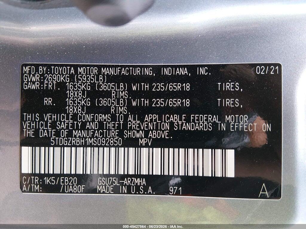 5TDGZRBH1MS092850 2021 TOYOTA HIGHLANDER photo no. 9
