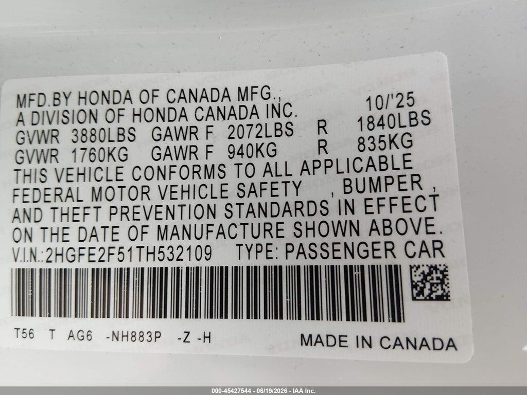 2HGFE2F51TH532109 2026 HONDA CIVIC photo no. 9