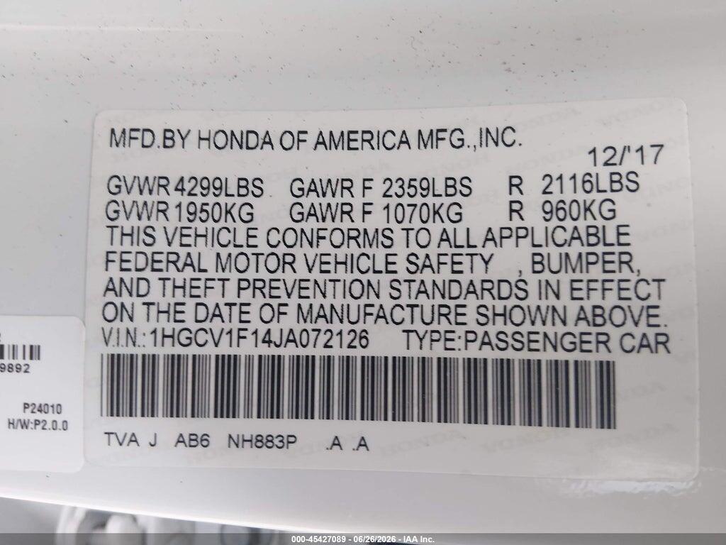 1HGCV1F14JA072126 2018 HONDA ACCORD photo no. 9