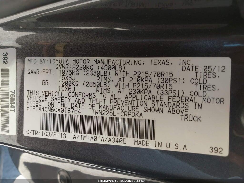 5TFTX4CN6CX018764 2012 TOYOTA TACOMA photo no. 9
