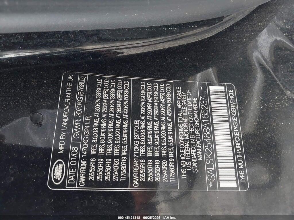 SALSK25488A165237 2008 LAND ROVER RANGE ROVER SPORT photo no. 9