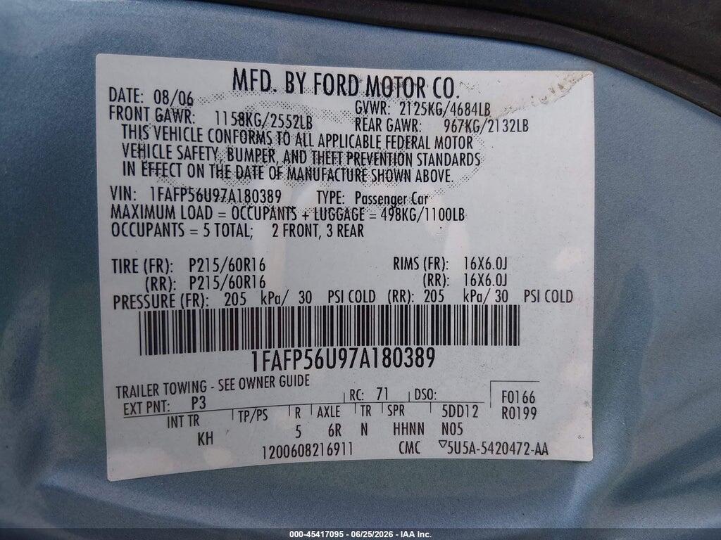1FAFP56U97A180389 2007 FORD TAURUS photo no. 9