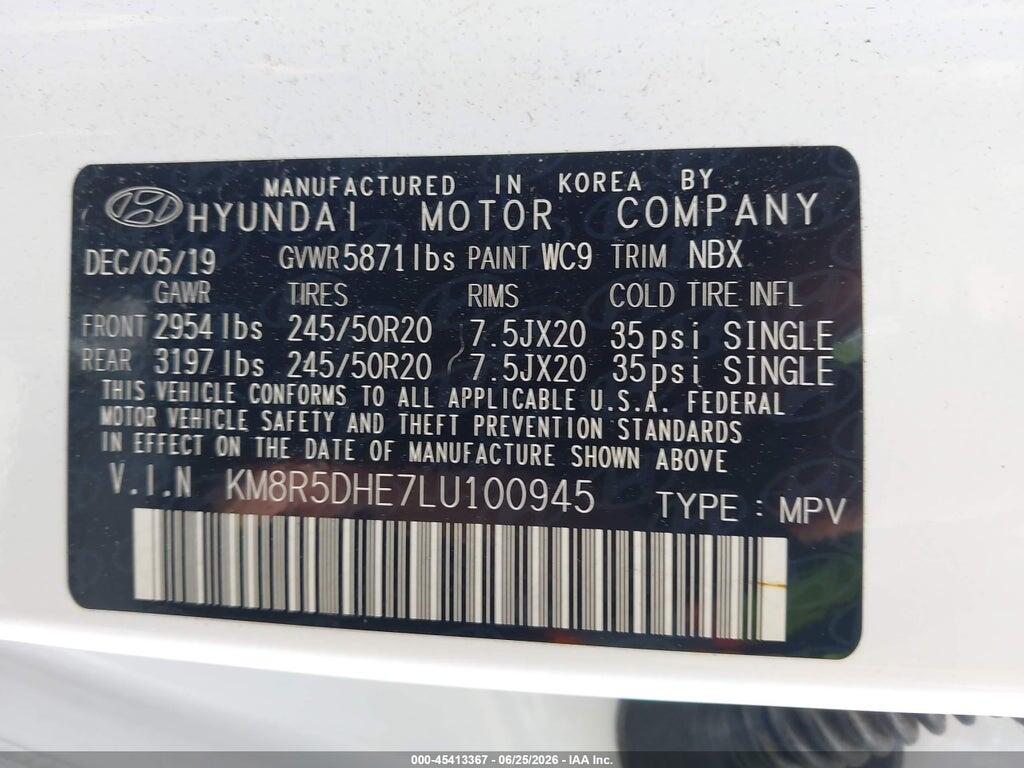 KM8R5DHE7LU100945 2020 HYUNDAI PALISADE photo no. 9