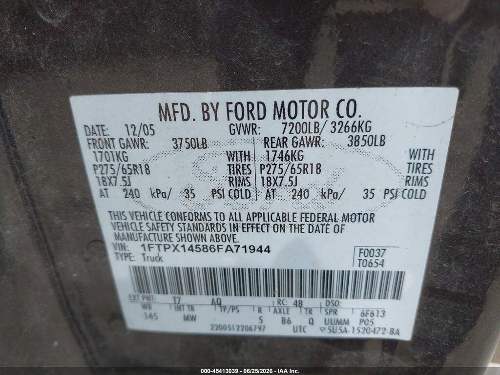 1FTPX14586FA71944 2006 FORD F-150 photo no. 9