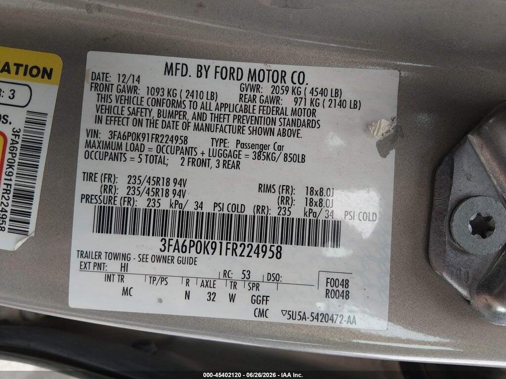 3FA6P0K91FR224958 2015 FORD FUSION photo no. 9