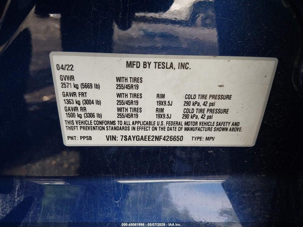 7SAYGAEE2NF426650 2022 TESLA MODEL Y photo no. 9