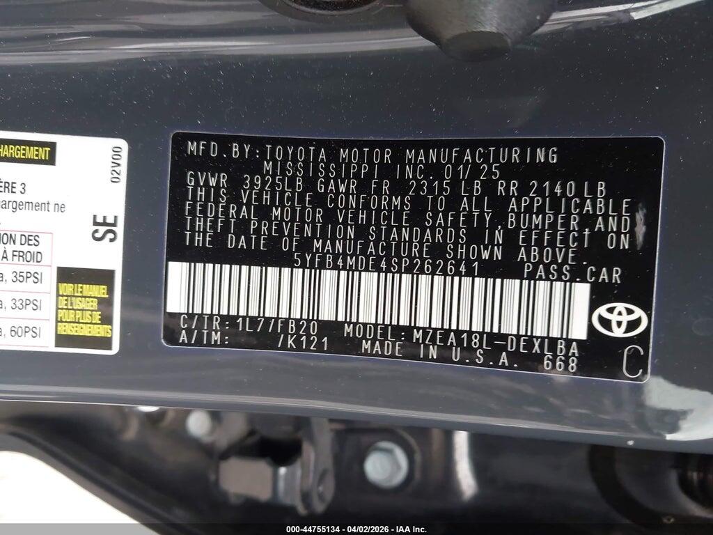 5YFB4MDE4SP262641 2025 TOYOTA COROLLA photo no. 9