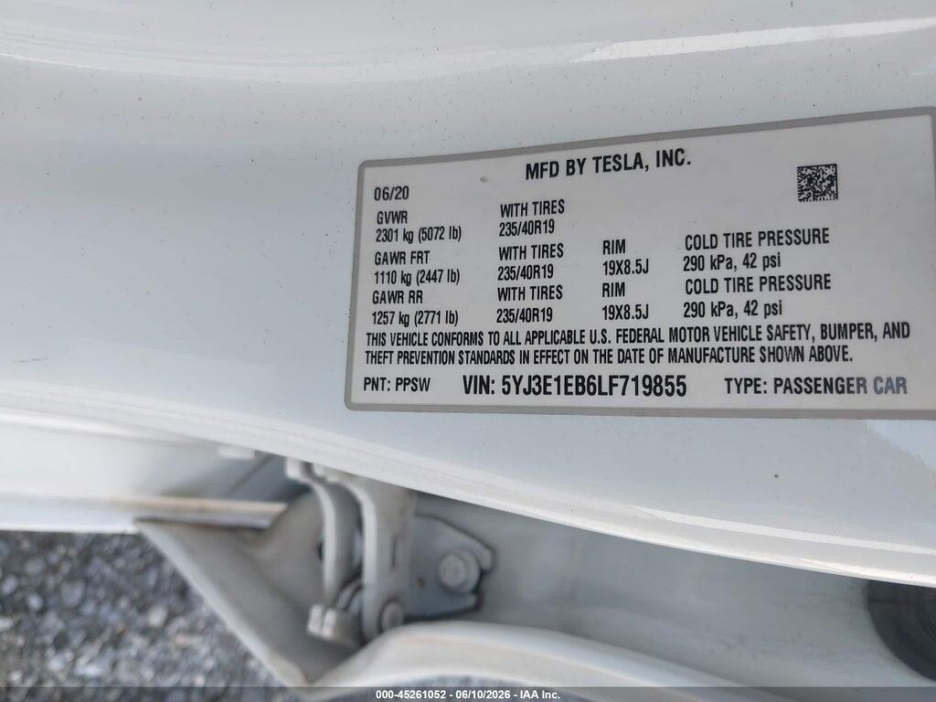 5YJ3E1EB6LF719855 2020 TESLA MODEL 3 photo no. 9