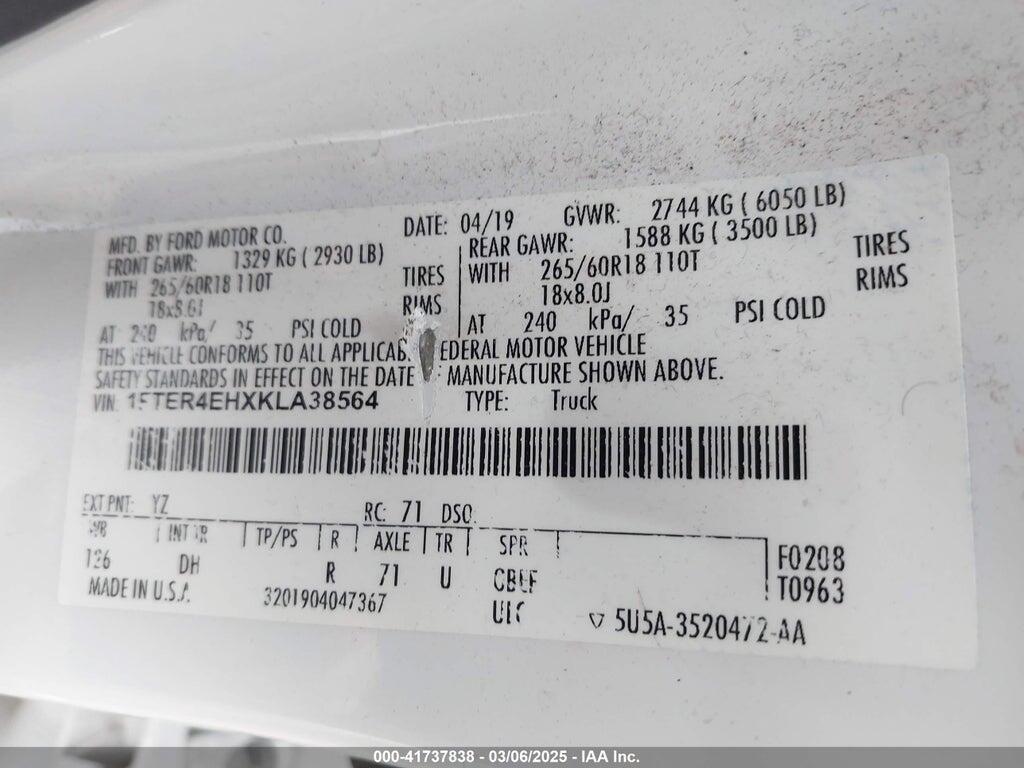 1FTER4EHXKLA38564 2019 FORD RANGER photo no. 9