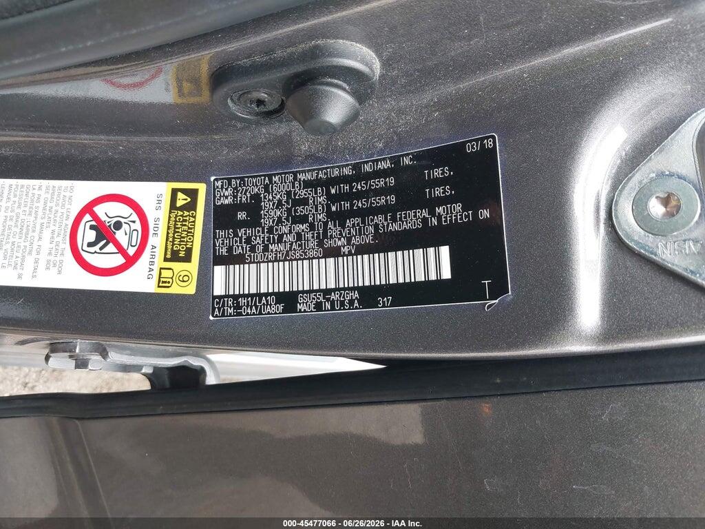 5TDDZRFH7JS853860 2018 TOYOTA HIGHLANDER photo no. 9