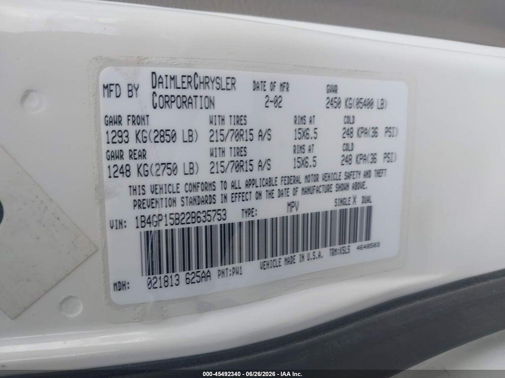 1B4GP15B22B635753 2002 DODGE CARAVAN photo no. 9
