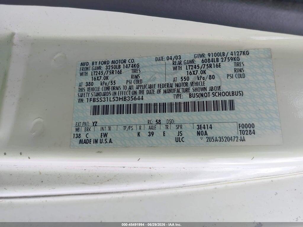 1FBSS31L53HB35644 2003 FORD E-350 SUPER DUTY photo no. 9