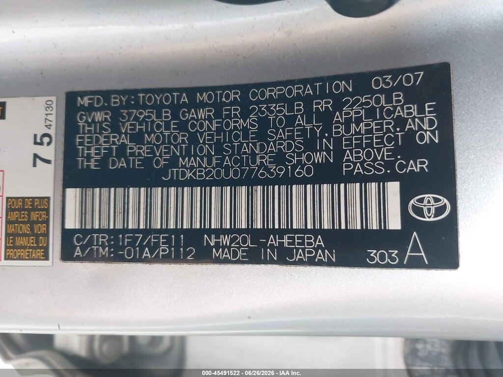 JTDKB20U077639160 2007 TOYOTA PRIUS photo no. 9