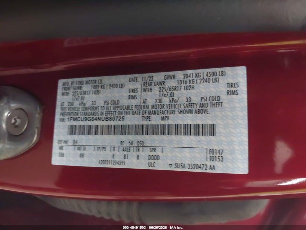 1FMCU9G64NUB80725 2022 FORD ESCAPE photo no. 9