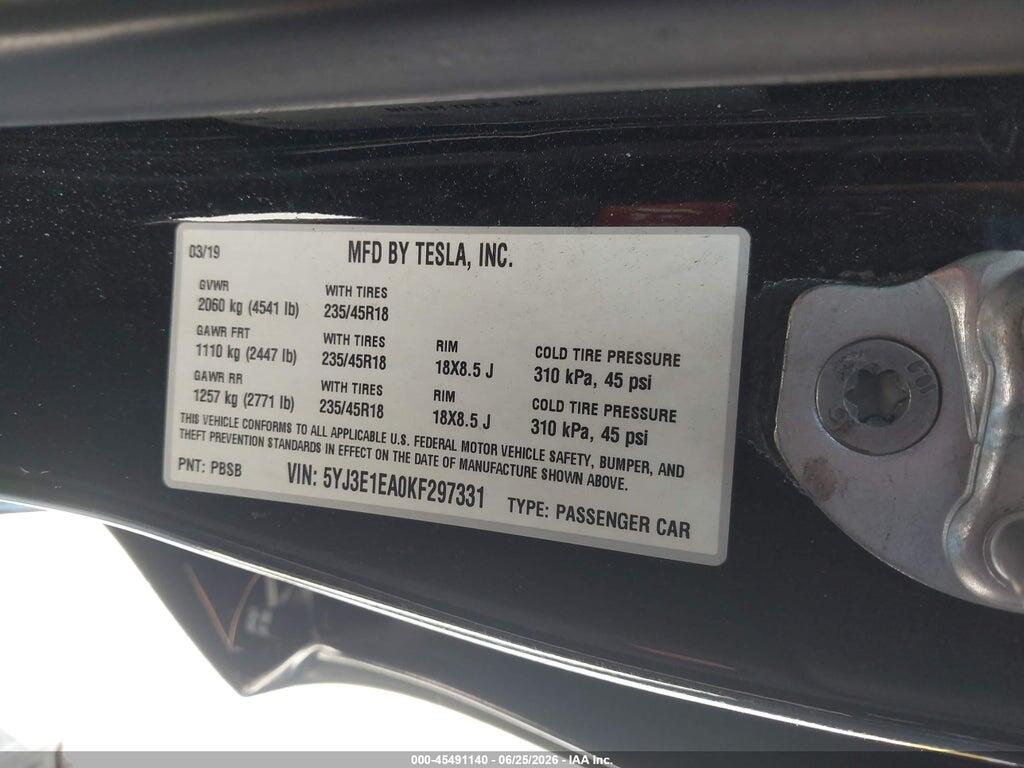 5YJ3E1EA0KF297331 2019 TESLA MODEL 3 photo no. 9