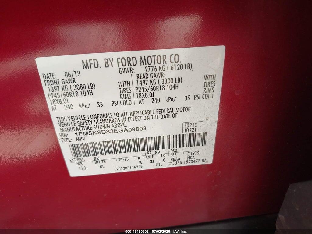 1FM5K8D83EGA09803 2014 FORD EXPLORER photo no. 9