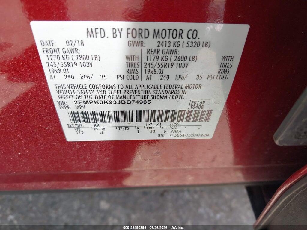 2FMPK3K93JBB74985 2018 FORD EDGE photo no. 9
