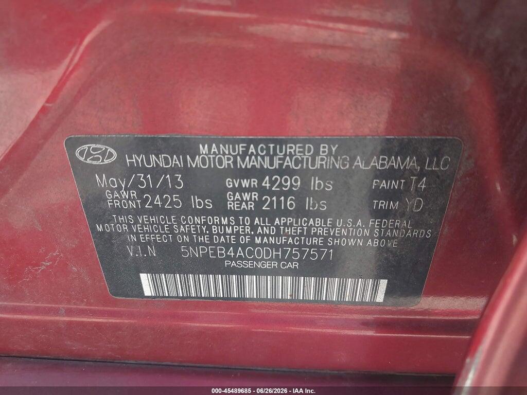 5NPEB4AC0DH757571 2013 HYUNDAI SONATA photo no. 9