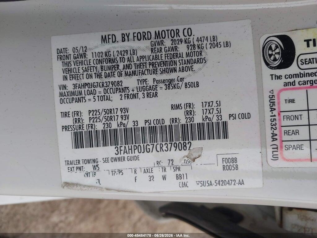 3FAHP0JG7CR379082 2012 FORD FUSION photo no. 9