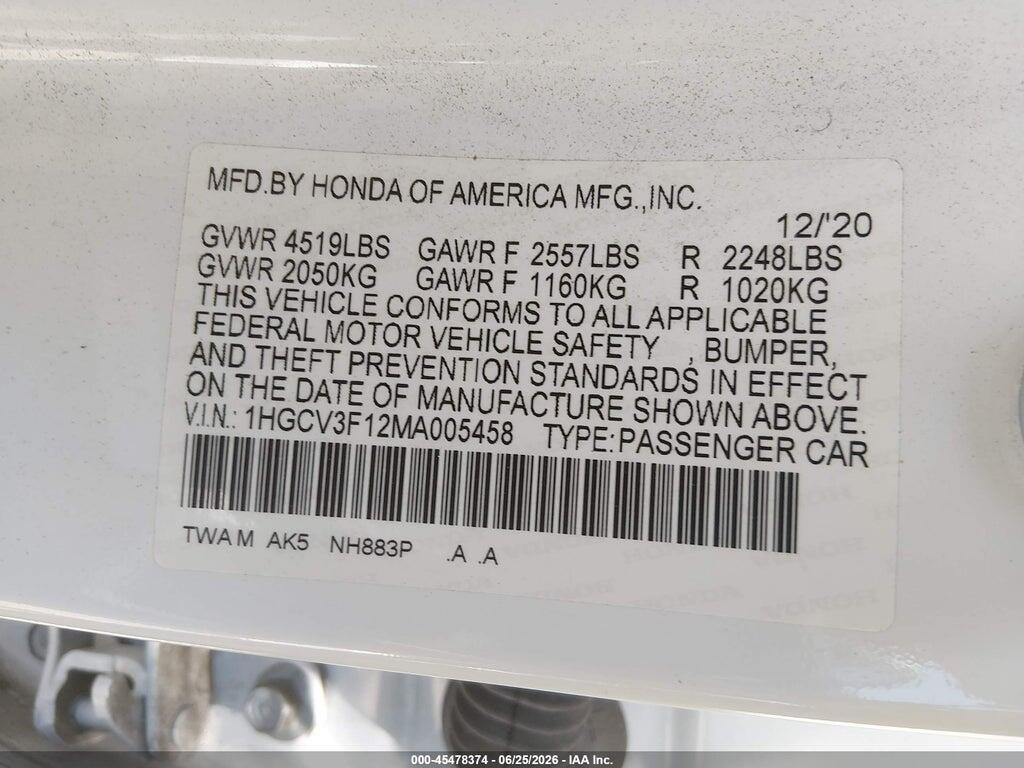 1HGCV3F12MA005458 2021 HONDA ACCORD HYBRID photo no. 9