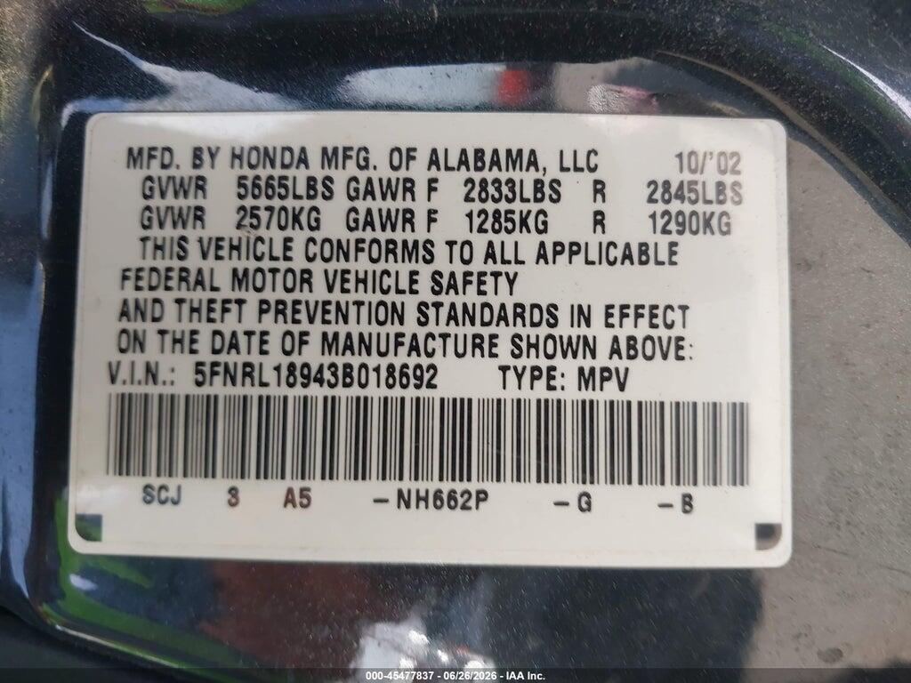 5FNRL18943B018692 2003 HONDA ODYSSEY photo no. 9